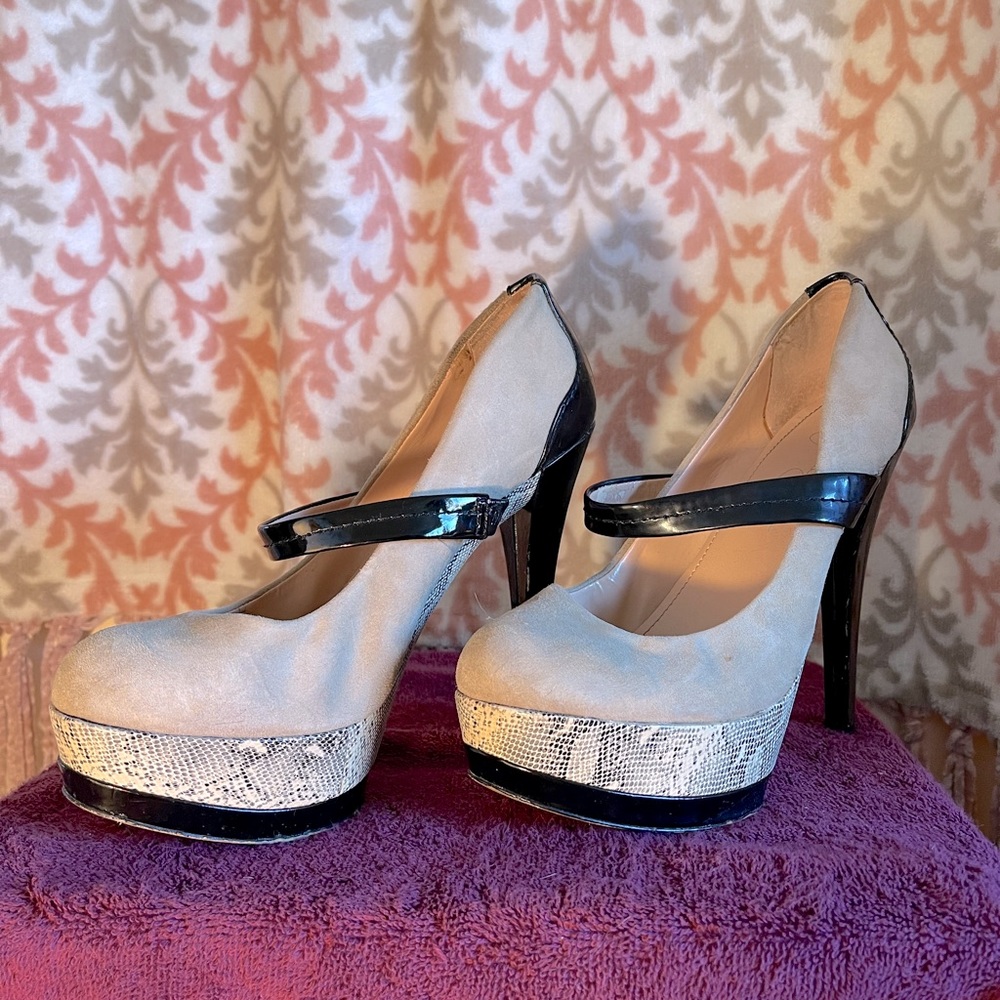 Tan snake leather black heels